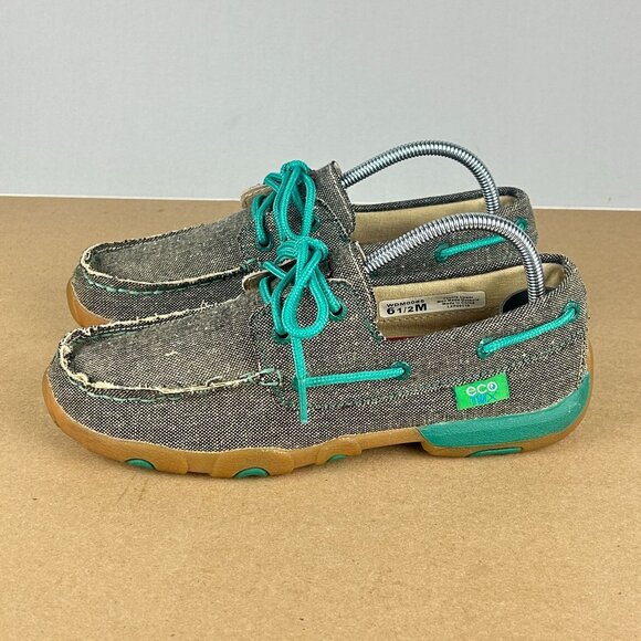 Twisted X Canvas Moc Boat Shoes Womens 6.5 Gray Brown Teal Lace Up - Picture 1 of 10